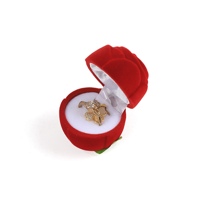 صندوق خاتم مجوهرات على شكل وردة مخملية حمراء فاخرة وقابلة للتخصيص لعيد الحب